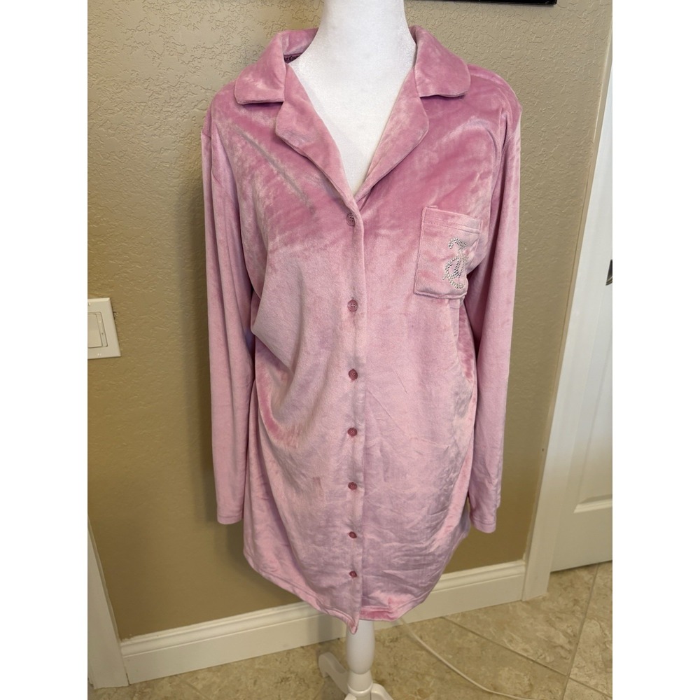 Juicy Couture Pink Velour Button Down Sleep Shirt With Bling, Medium